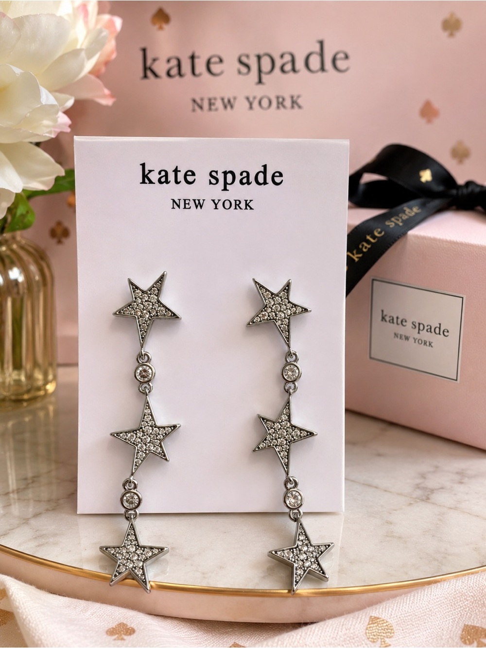 Kate Spade New York Sparkling Triple Star Drop Earrings – Silver Tone